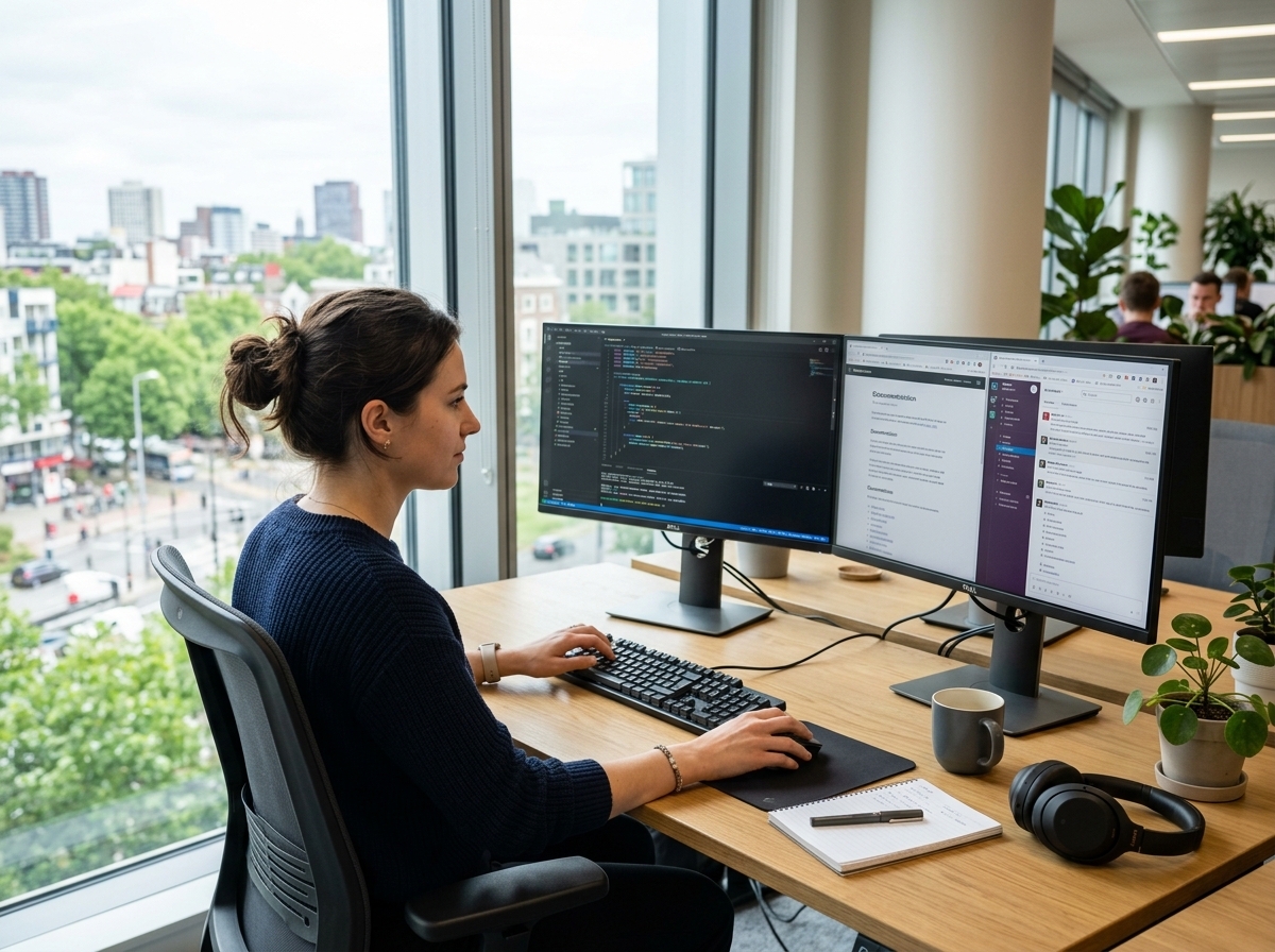 Employee working on a computer near a large window without glare, showing visual comfort.