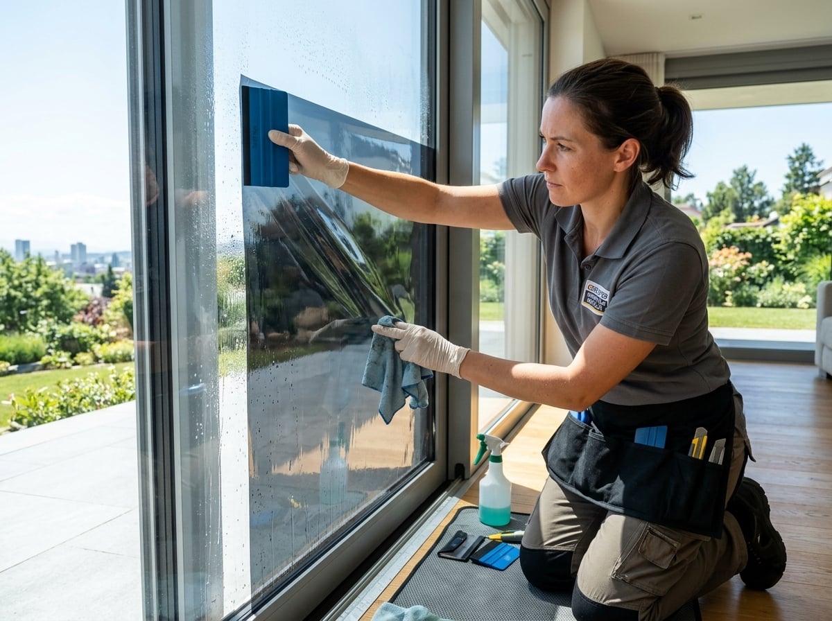 Professional technician applying certified 3M architectural window film backed by comprehensive glass warranty