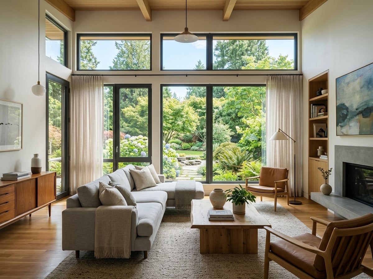 Modern residential living room windows from major brand protected with clear ceramic solar window film