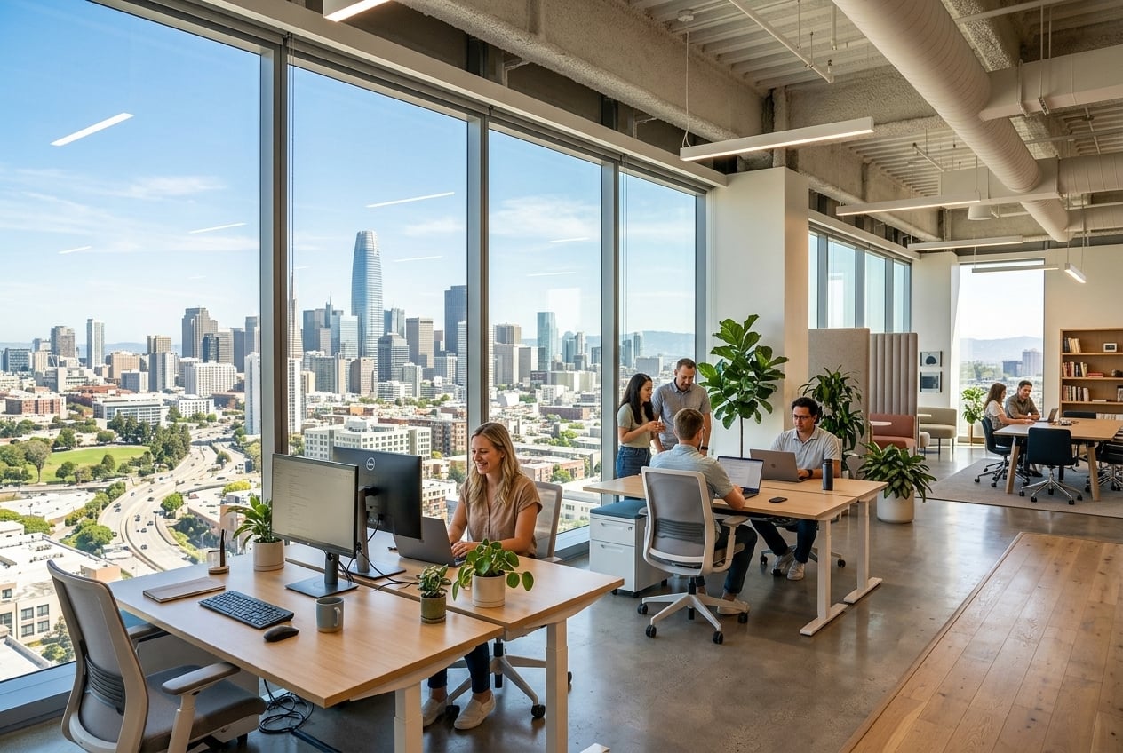 Clean office interior looking out a large window protected by Low-E window film.