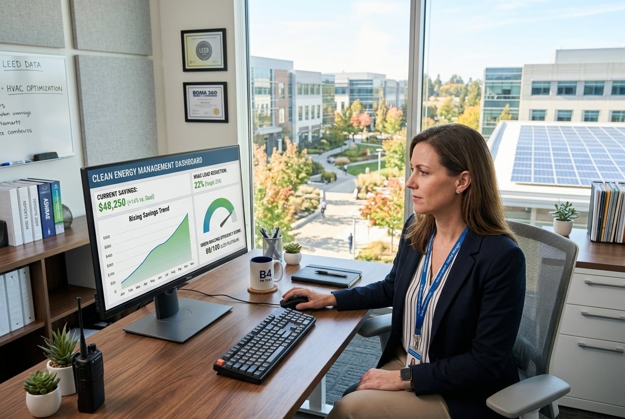 Commercial property dashboard displaying HVAC energy savings and building efficiency metrics.