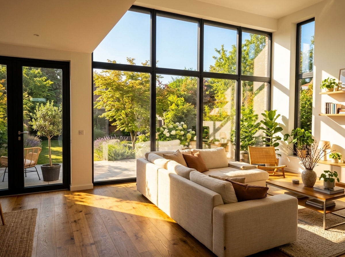 Intense sunlight streaming through untreated living room windows heating hardwood floors