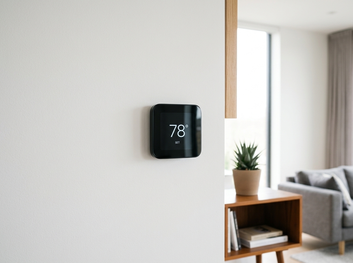 Modern smart thermostat set to 78 degrees on a wall in an energy-efficient home