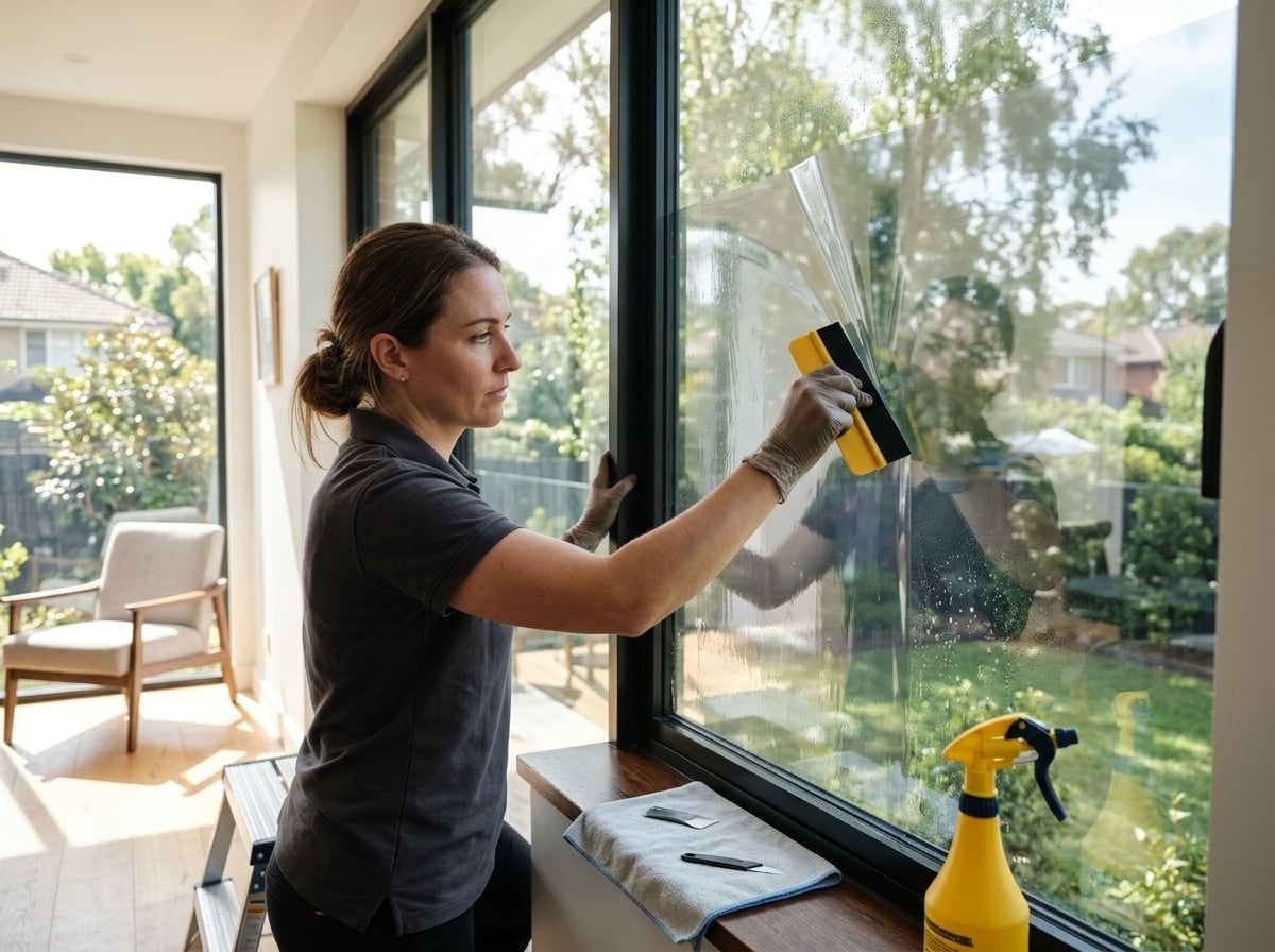Professional installer applying solar control window film to a residential window