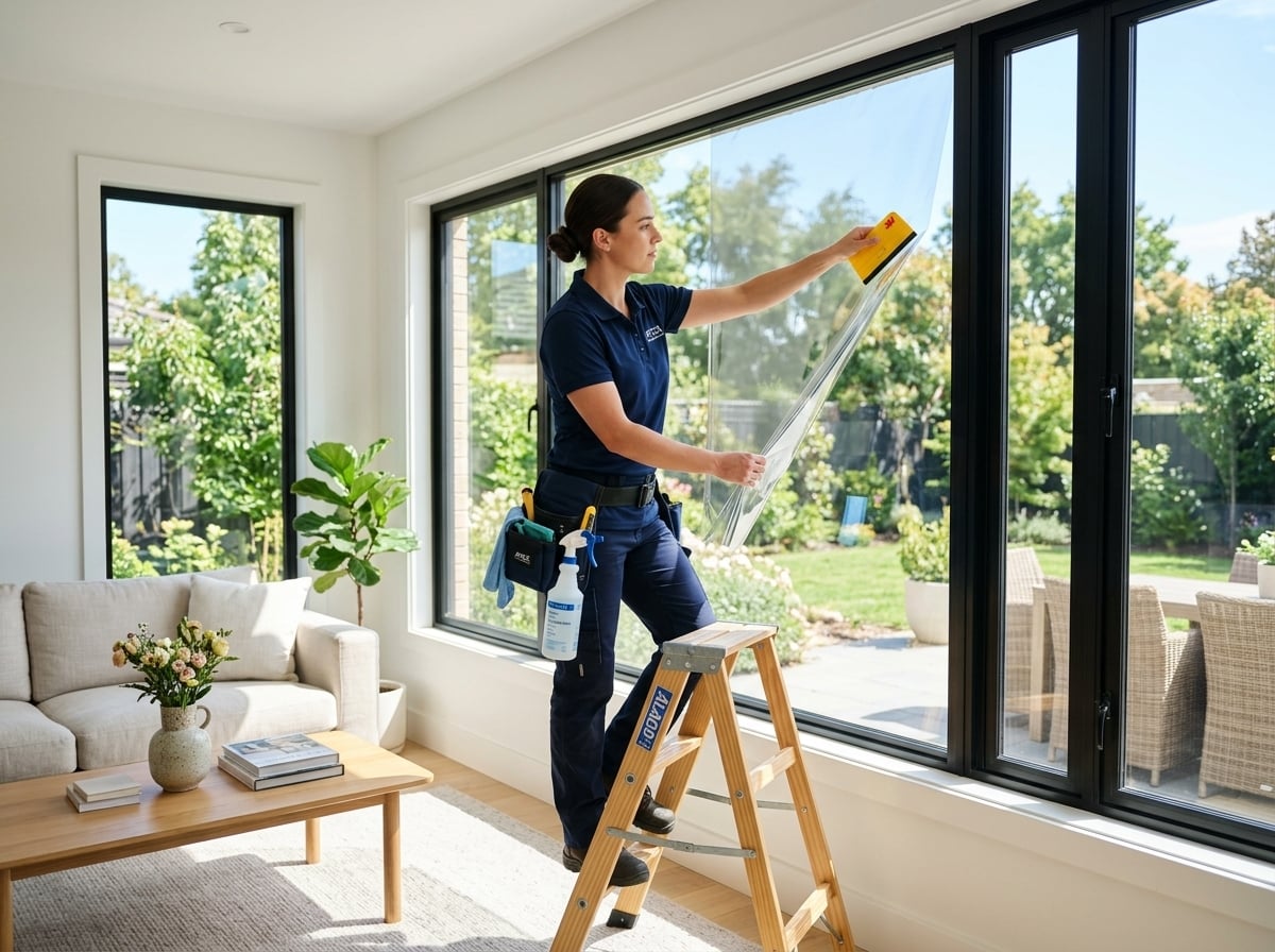 Professional installation of clear architectural solar control window film onto residential double-pane glass to reject radiant heat and reduce cooling bills.