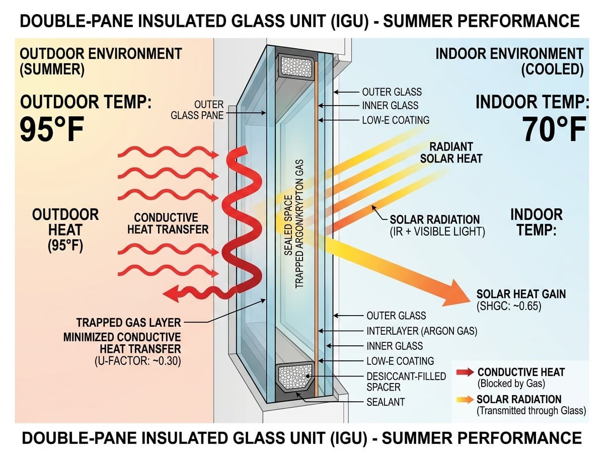 Technical diagram illustrating conductive heat transfer through U-factor versus radiant infrared solar heat gain through SHGC on dual-pane residential glass.