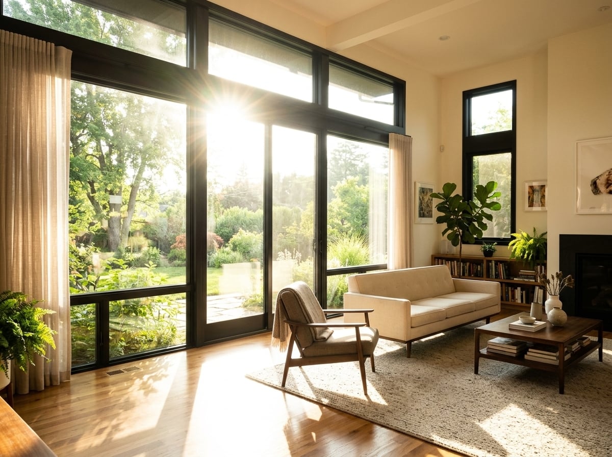 Harsh late afternoon summer sunlight streaming through large west-facing suburban living room windows causing extreme heat gain and glare.