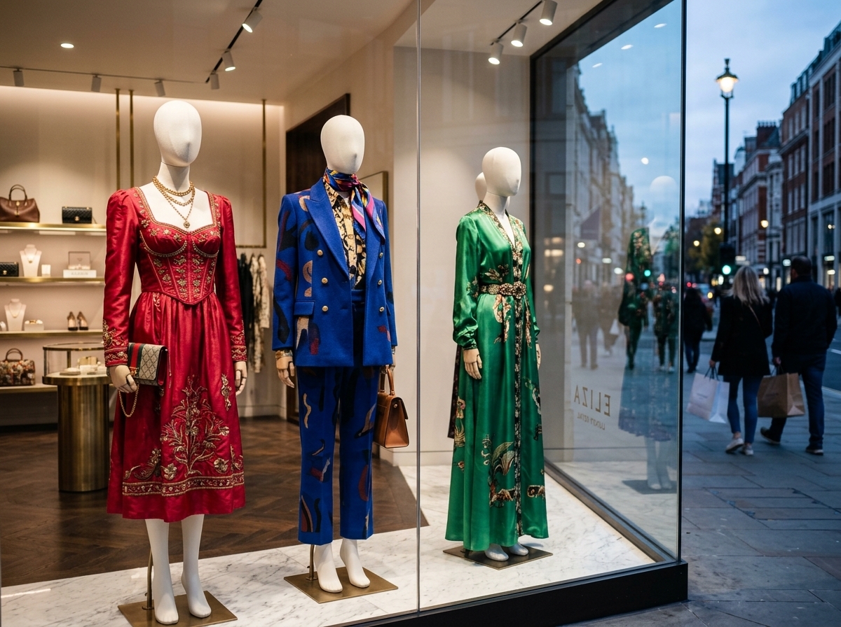 High-end apparel displayed near store windows shielded from sun damage.