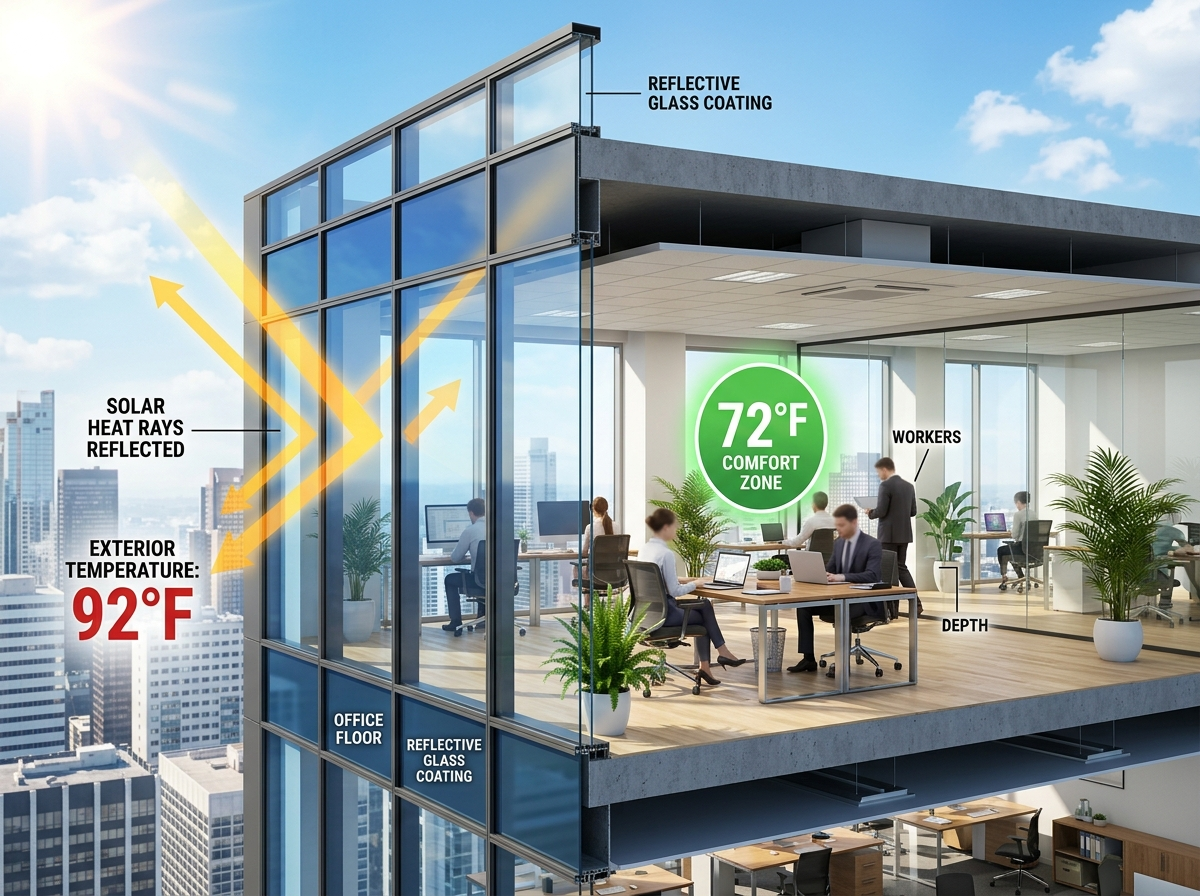 Diagram demonstrating solar heat gain through commercial glass curtain walls and perimeter zone cooling load reduction.