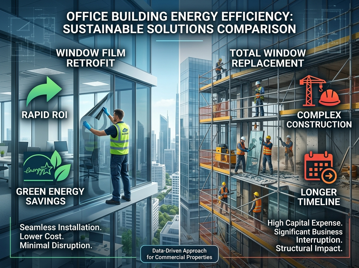 Infographic comparing commercial architectural window film retrofit cost and payback period against full glazing replacement.