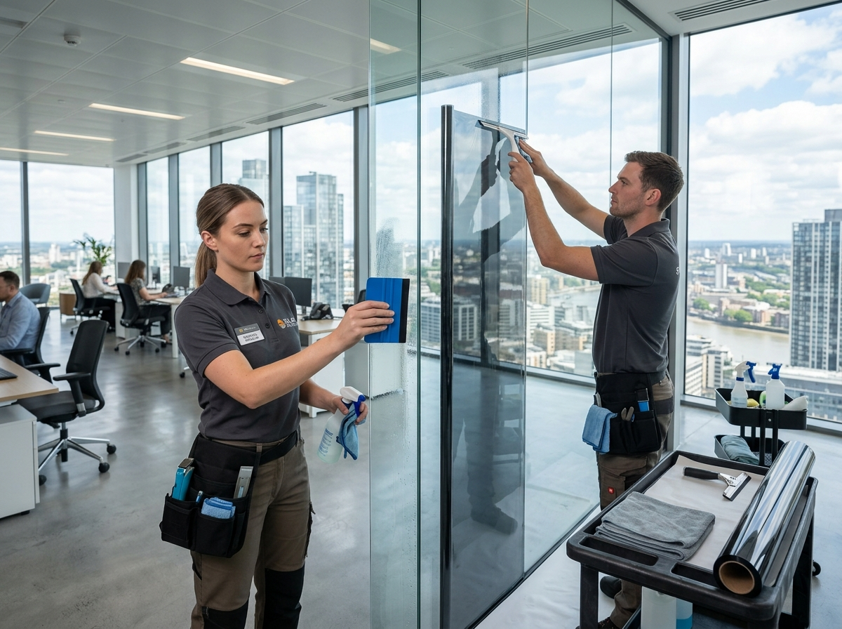 Professional window film installers applying spectrally selective solar control film to large commercial office windows.