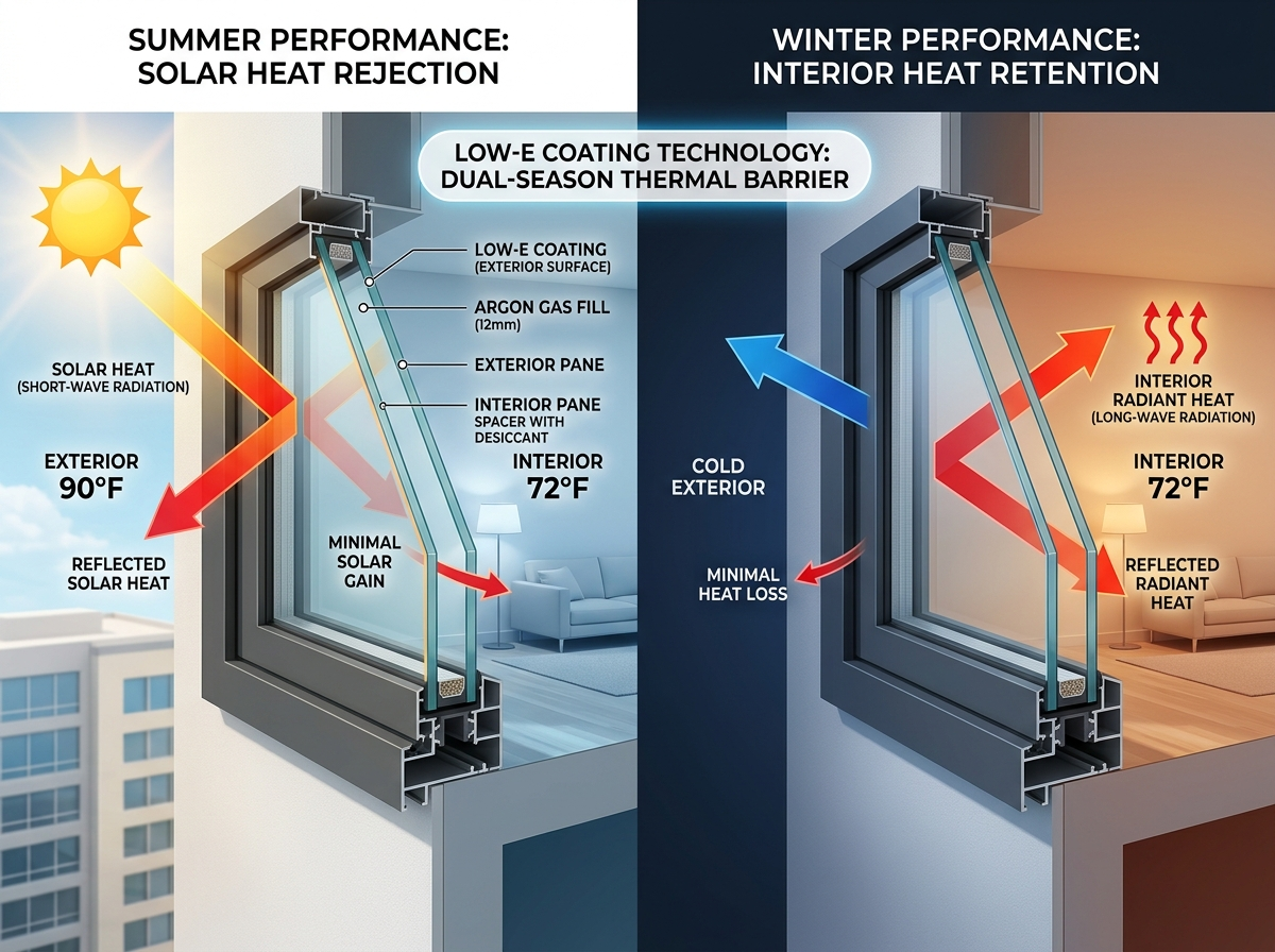 Diagram demonstrating Low-E window film rejecting short-wave solar infrared in summer and reflecting long-wave radiant heat in winter.