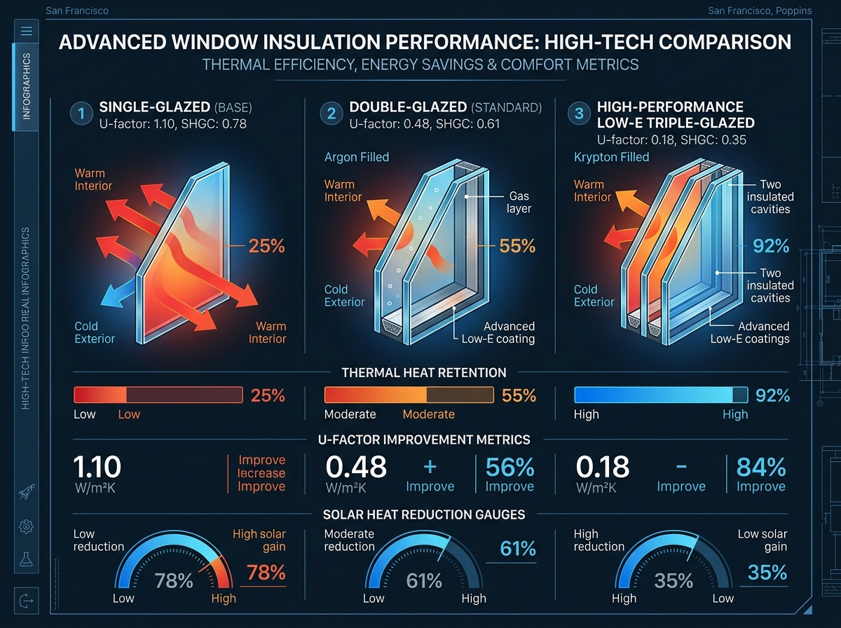 Technical performance comparison showing U-factor insulation and solar heat gain reduction of Low-E window film.