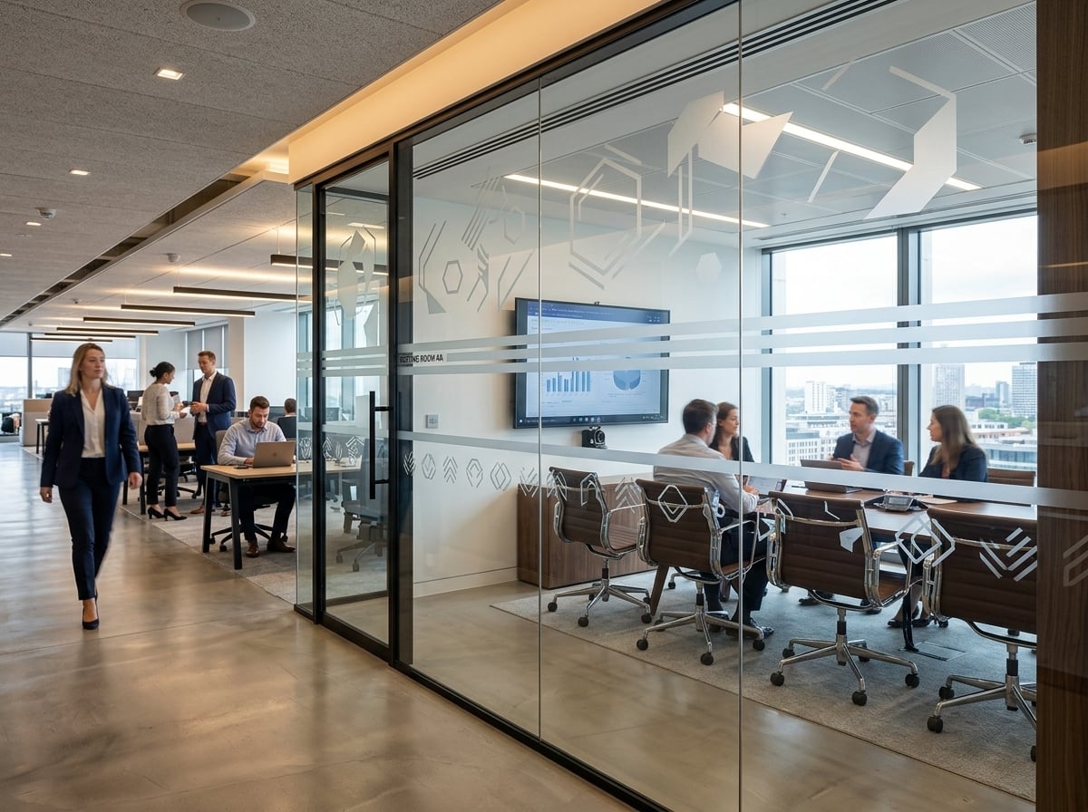 Precision plotter-cut corporate logo and geometric distraction banding on modern office partition glass