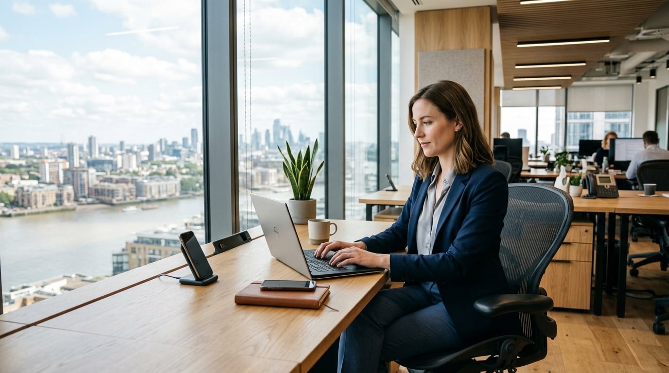 Office worker sitting near large commercial glass window comfortably working on laptop without screen glare or excess heat.