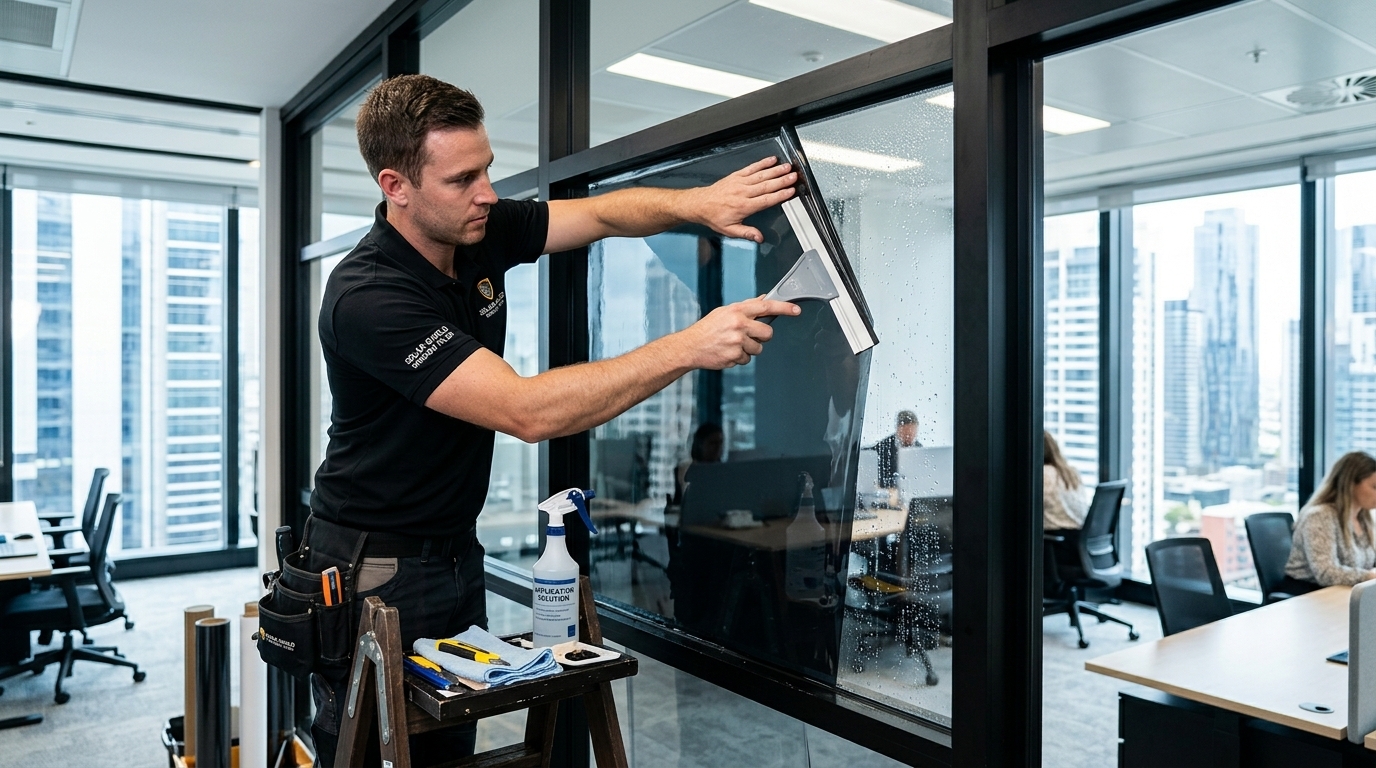 Professional installer applying solar control window film onto commercial office glass pane.