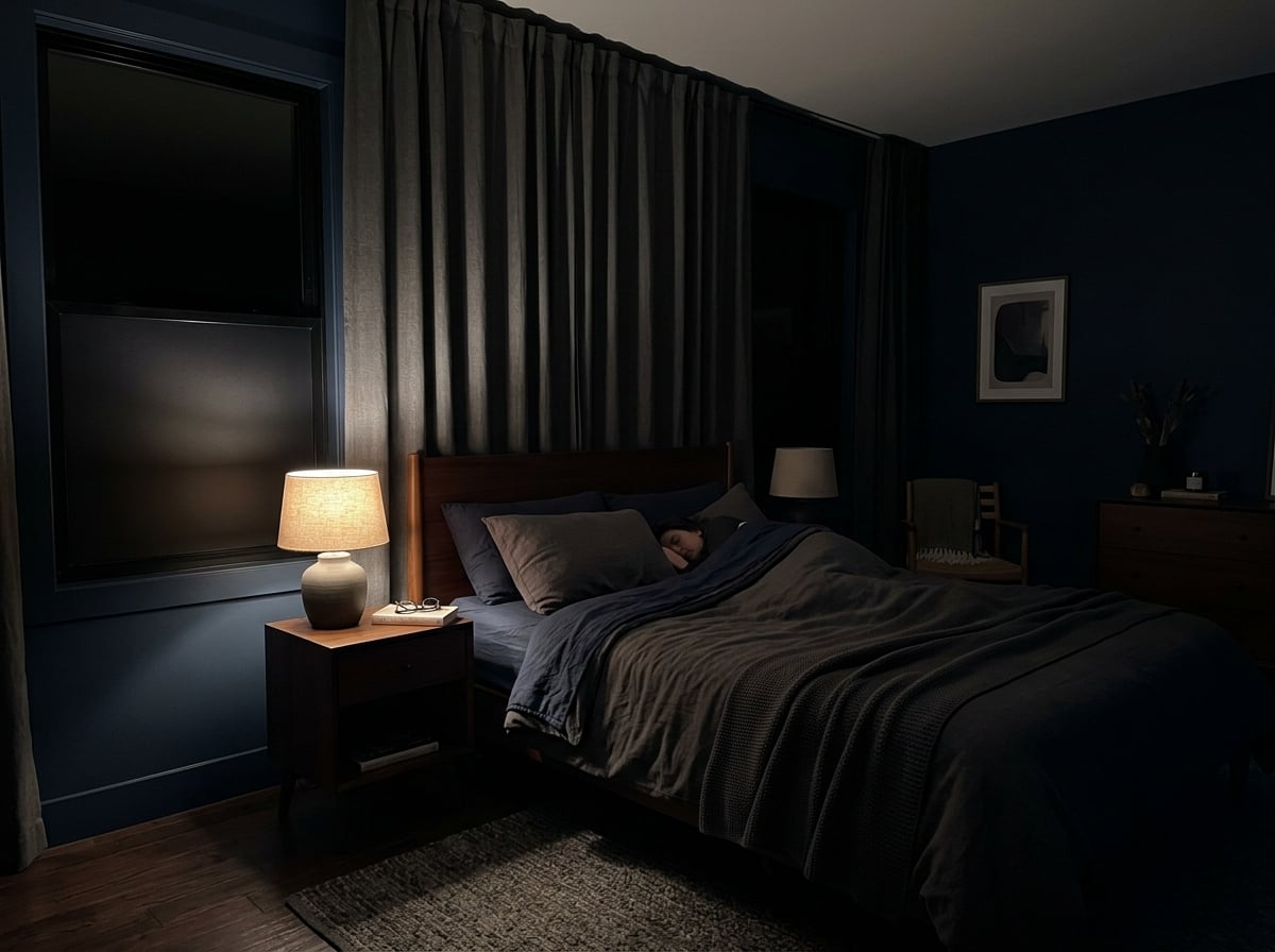 Peaceful dark bedroom with complete blackout window film blocking 100% of daytime sunlight for sleep
