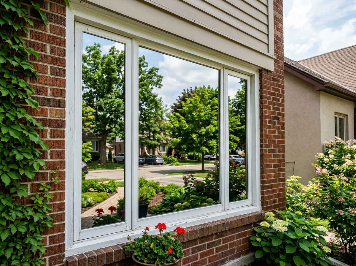 Exterior view of modern home showing one-way mirror window film reflecting sky and garden during daytime