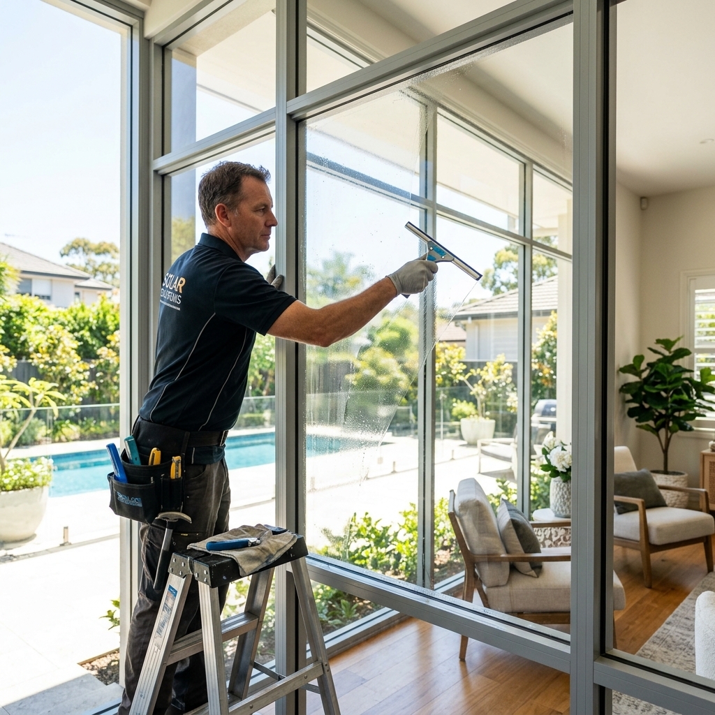 Professional technician installing UV blocking solar window film on home windows to protect wood floors.
