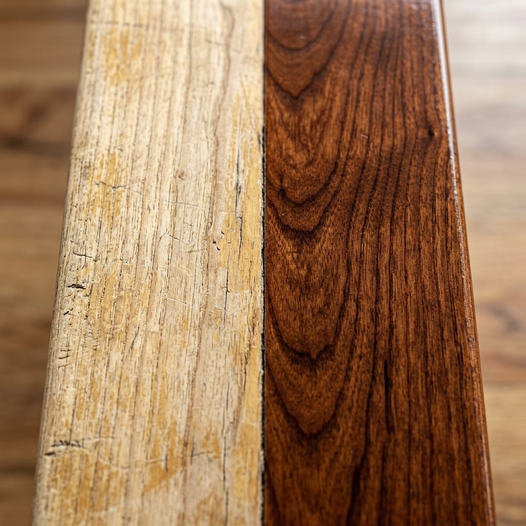 Comparison of sun-bleached damaged hardwood floor plank versus UV protected natural wood grain.