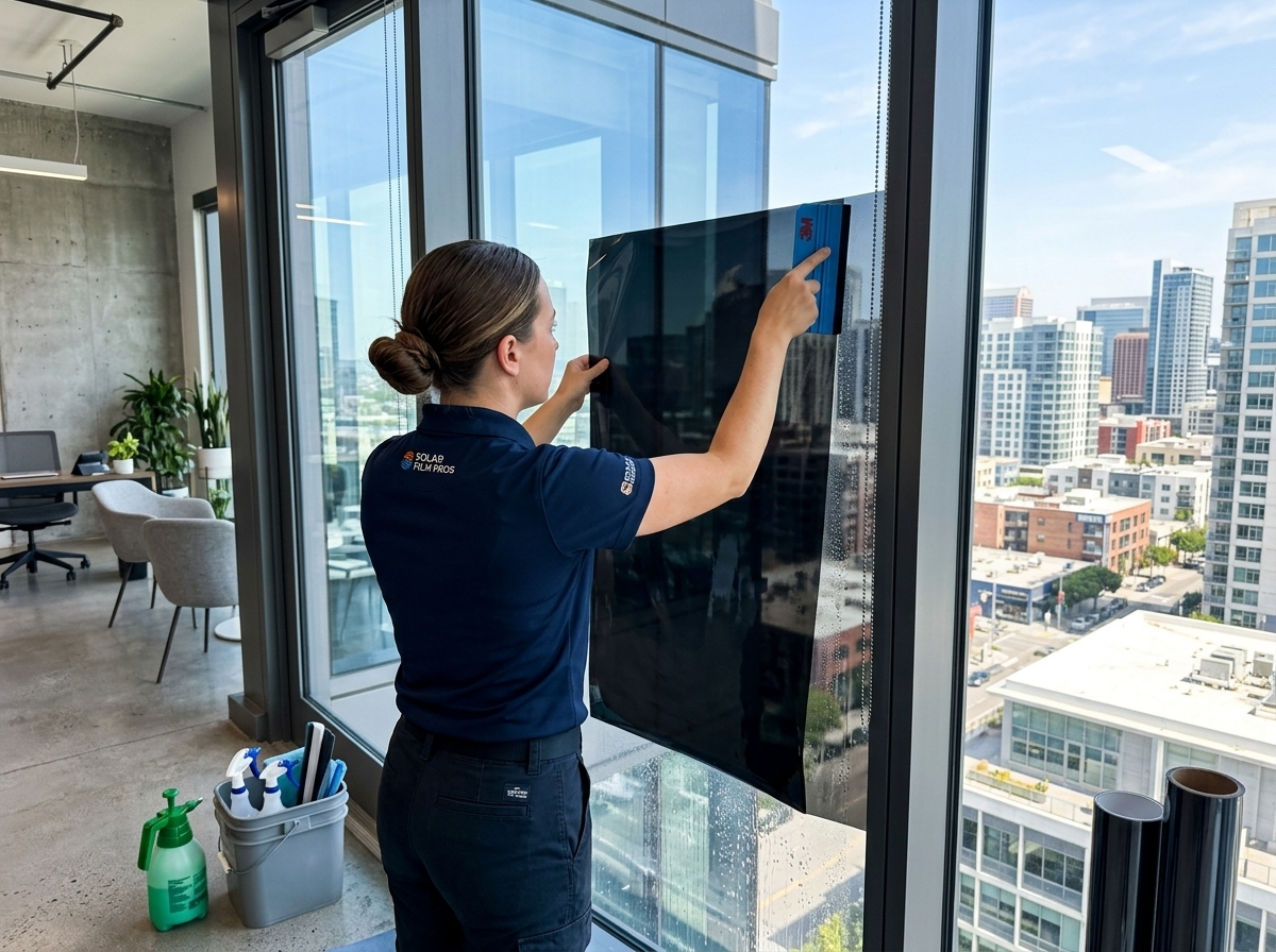 Professional technician installing solar control window film on a large office window.