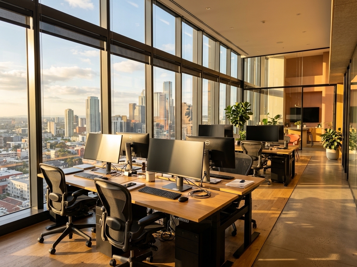 Office interior with bright afternoon sunlight shining through large perimeter windows onto desks.