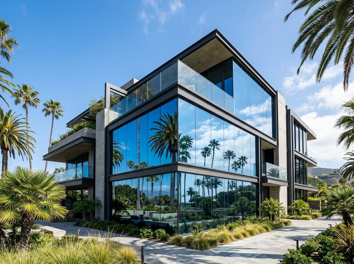 Exterior view of modern architecture with dual reflective window film reflecting blue sky and trees