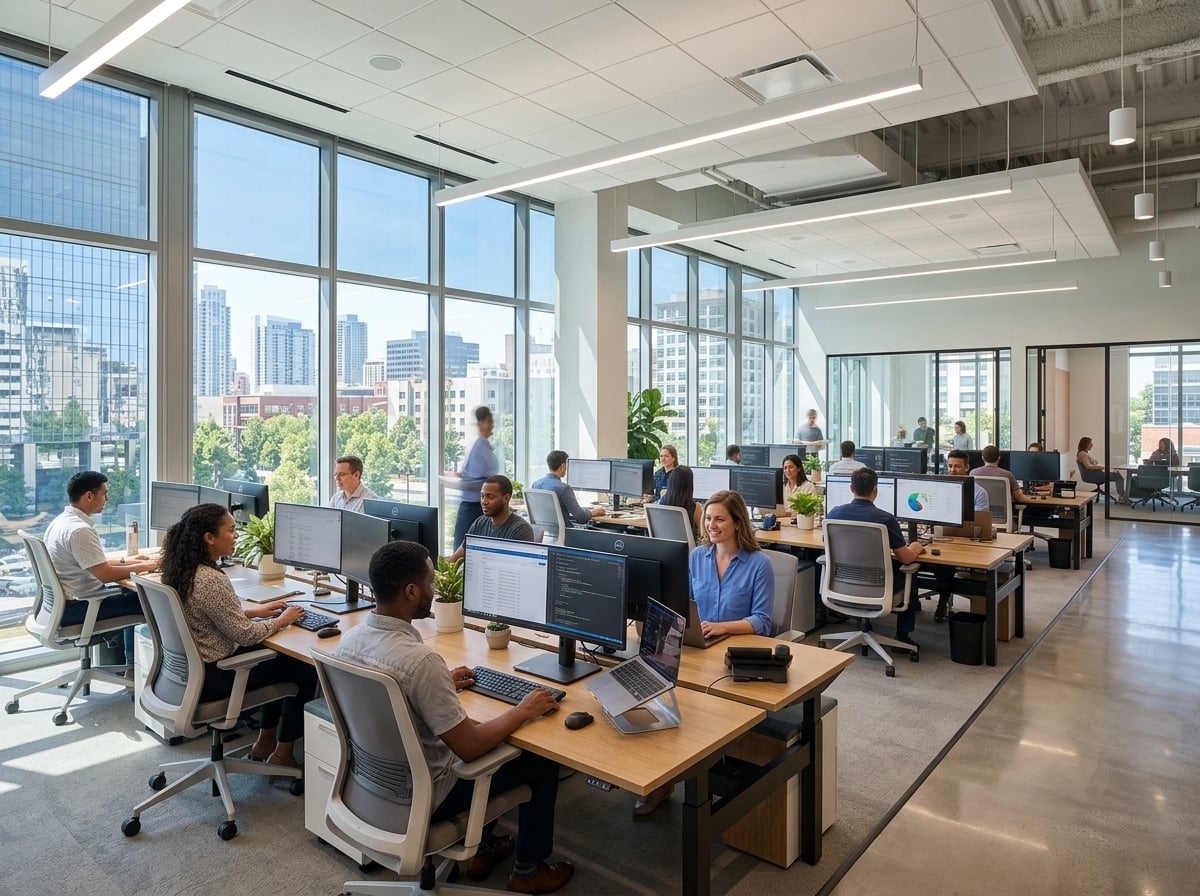 Modern office interior with balanced natural daylight and zero computer screen glare from reflective window film