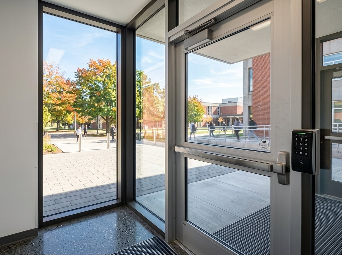 Reinforced school entrance vestibule glass sidelight treated with high-tensile security film to prevent forced breach.