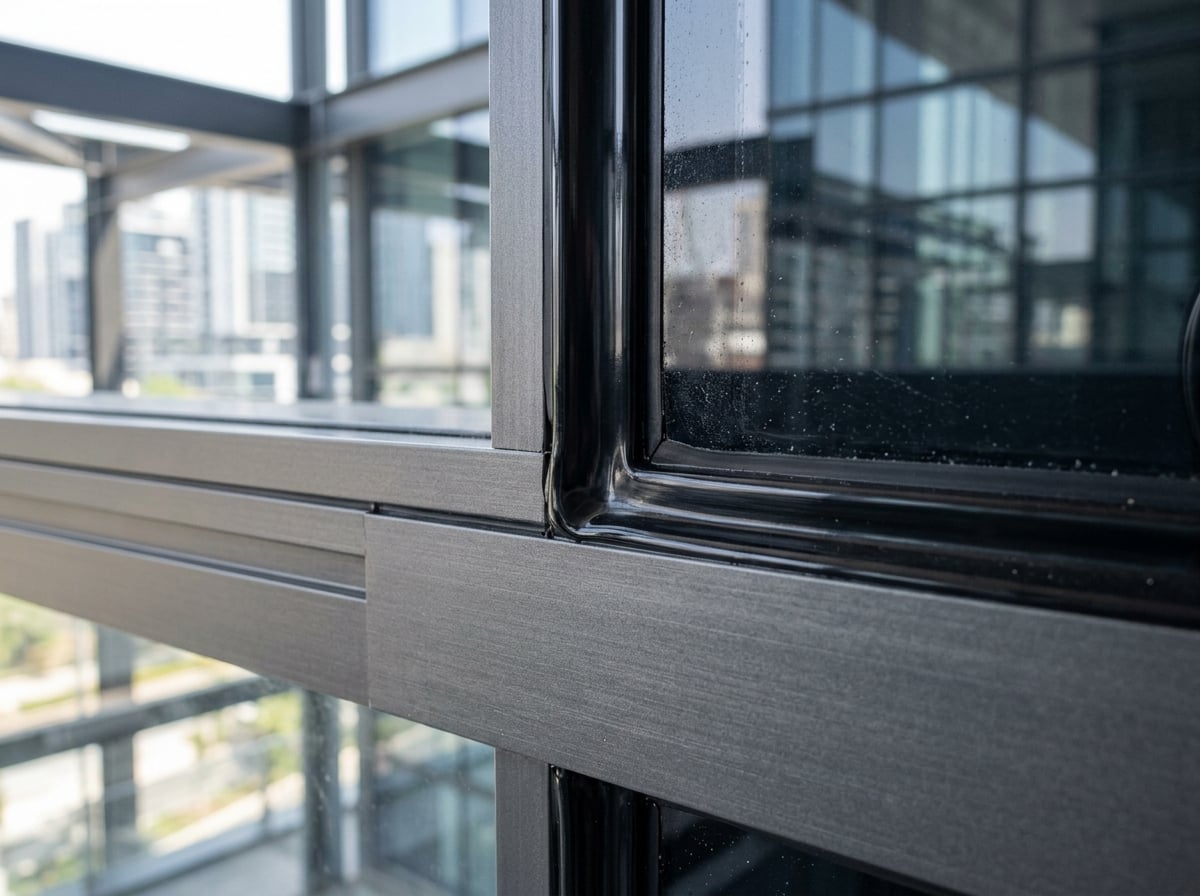 Detailed view of Dow Corning 995 structural silicone wet glaze attachment system anchoring security window film to a school aluminum window frame.