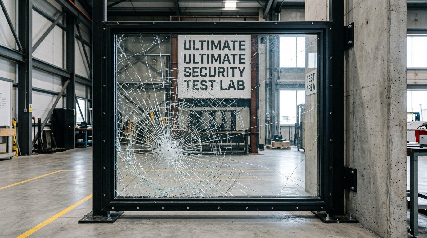Commercial glass window with security film and attachment system resisting physical forced entry impact.