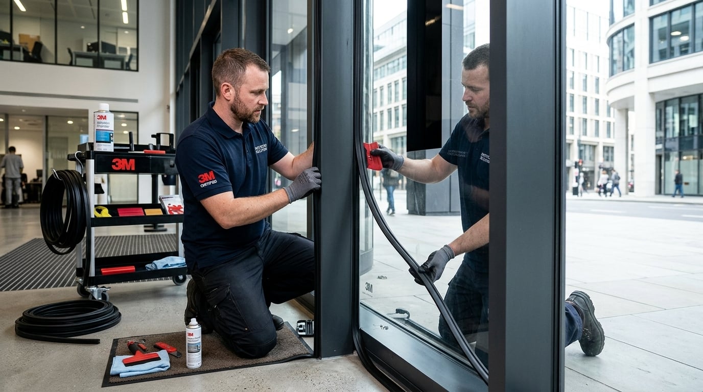 Professional technician applying 3M impact protection profile attachment system onto commercial glass window frame.