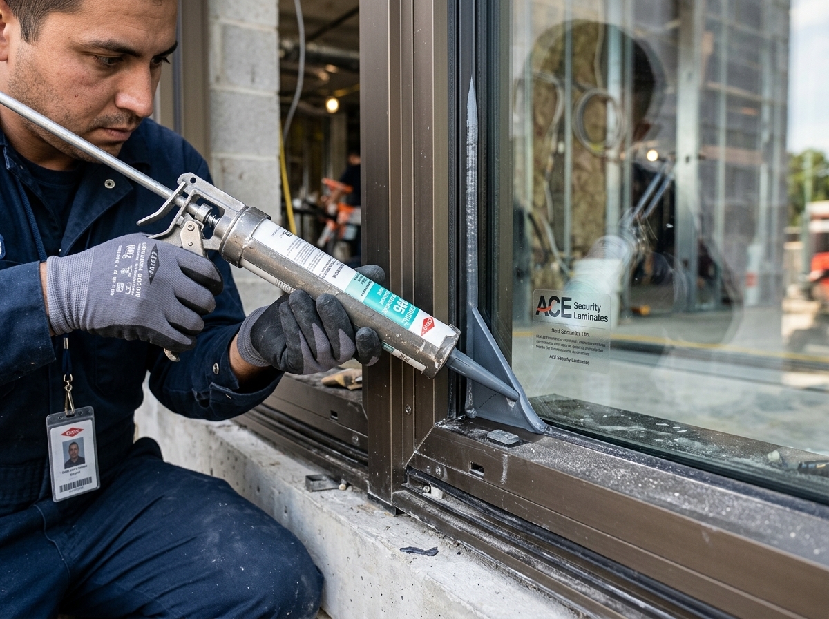 Technician applying Dow Corning 995 structural silicone wet glaze attachment system to security window film