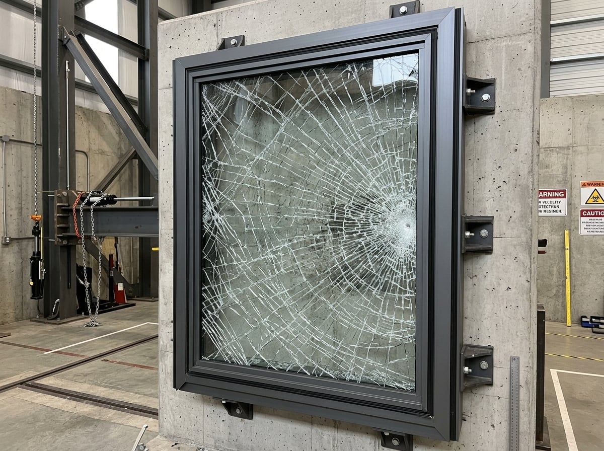Heavy-gauge 14 mil security window film retaining glass shards during a high-impact blast mitigation test.