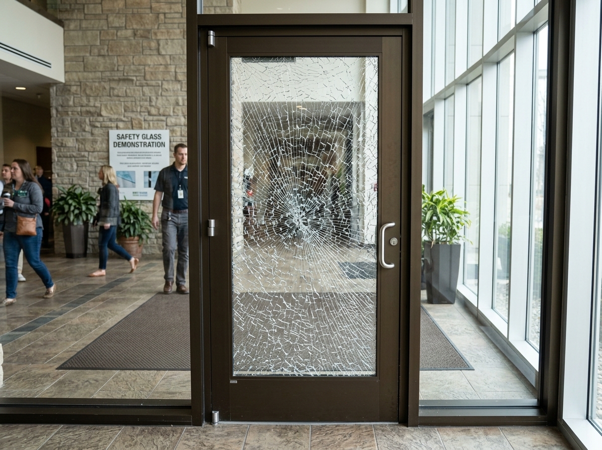 Clear 4 mil safety window film holding shattered commercial glass door intact after accidental impact.