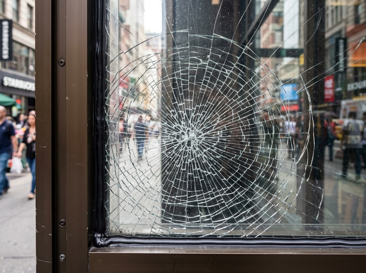 Retail storefront window with 8 mil security window film withstanding hammer strikes during a forced entry attempt.