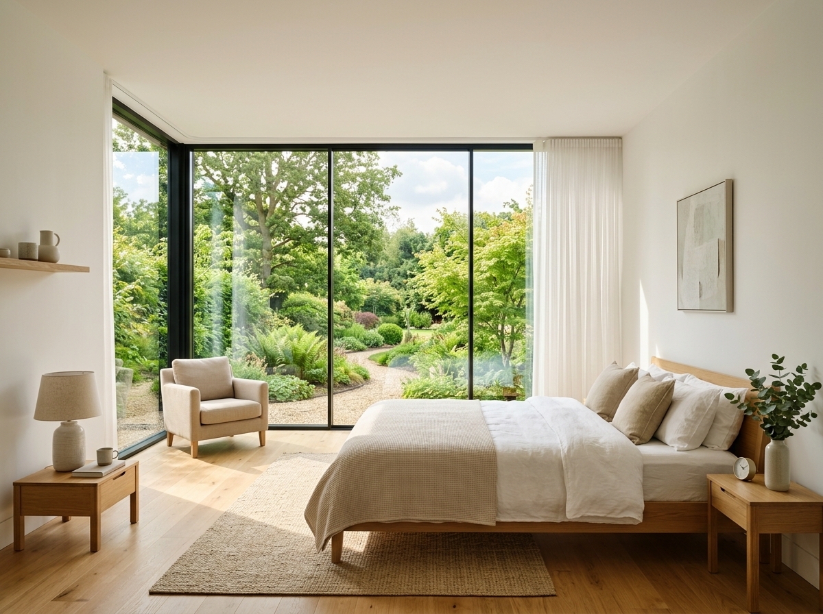 Bedroom window with clear security film allowing safe emergency fire egress and bright natural daylight