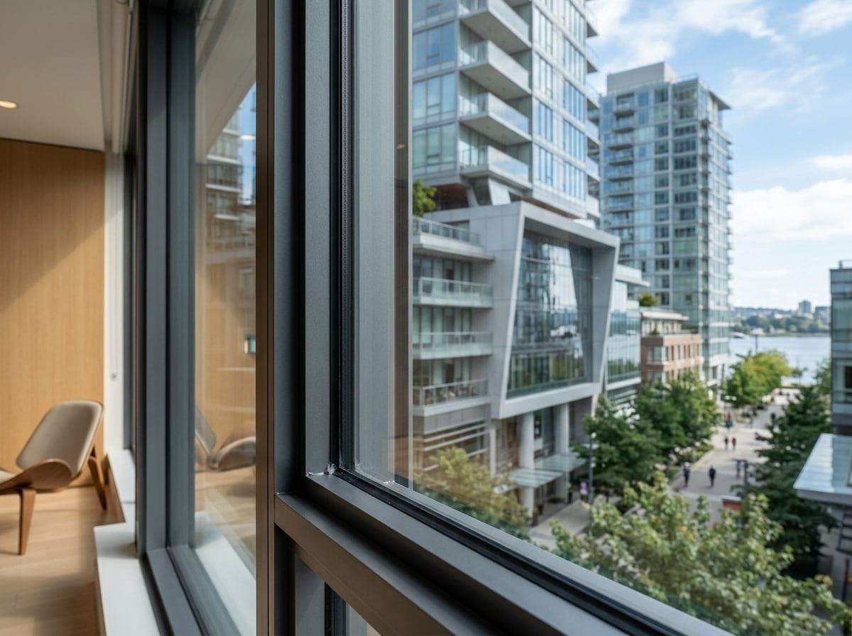 Close up view of glass window pane protected by hybrid solar security film rejecting heat and glare.