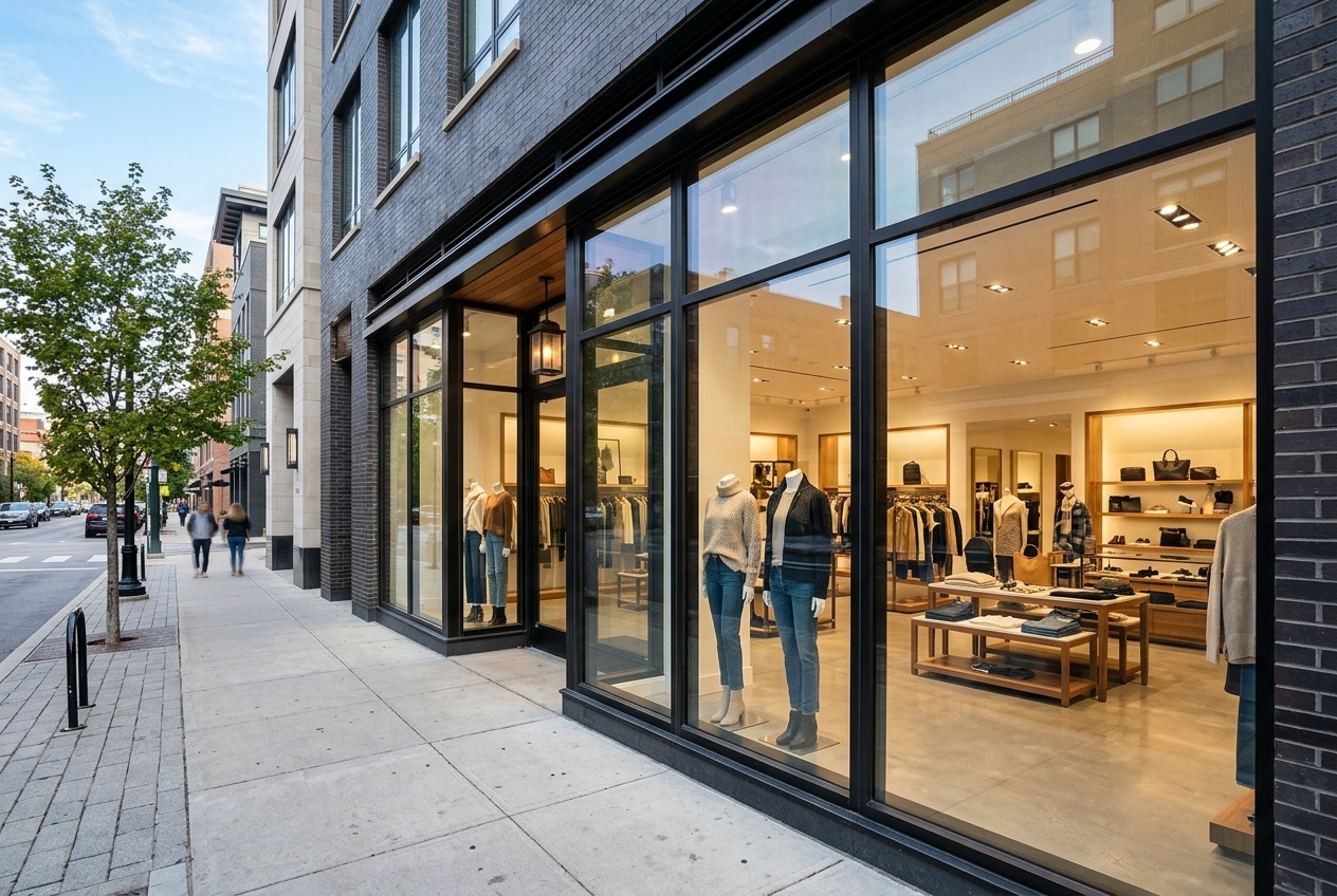 Retail storefront with ceramic window film installed maintaining clear visibility of interior product displays