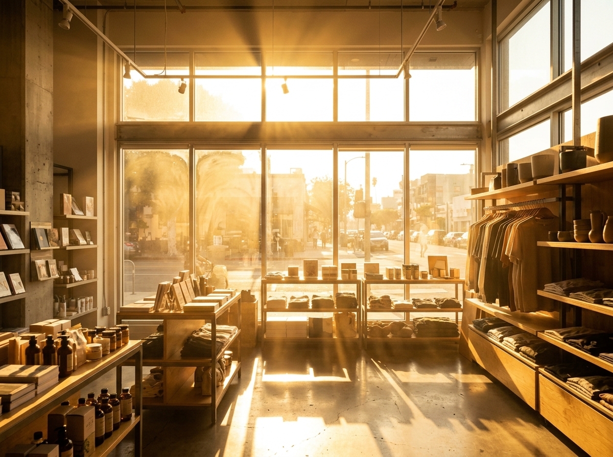 West-facing retail storefront receiving direct low-angle afternoon sunlight through untreated glass windows