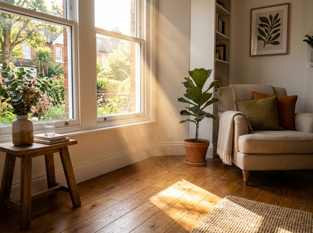 Sunlight streaming through large bedroom window causing localized afternoon room heat spike