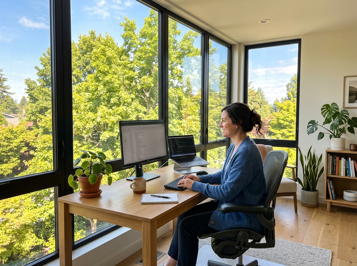 Homeowner enjoying cool balanced temperatures in sunlit home office with solar control window film