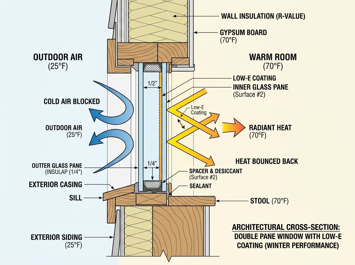Diagram showing Low-E window film reflecting radiant furnace heat back into comfortable warm room during winter