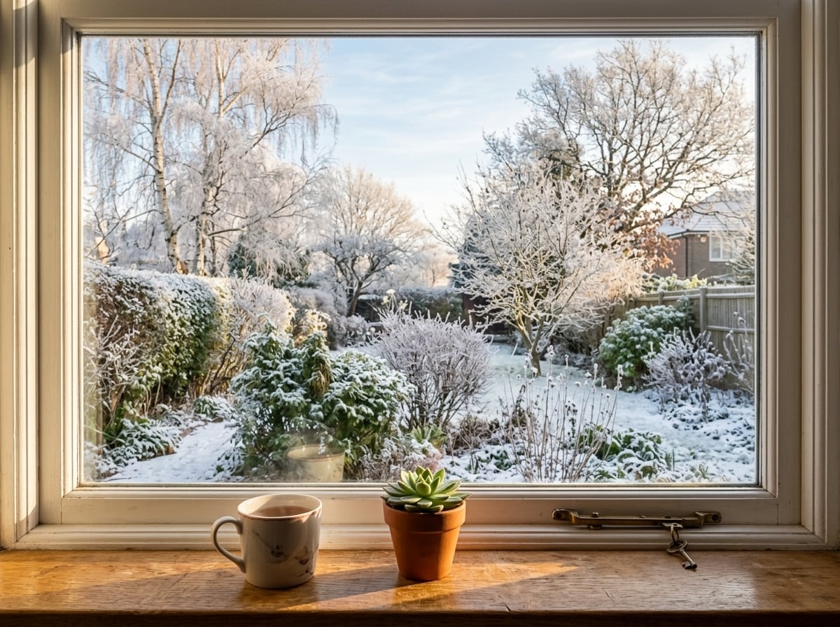 Clear residential window glass free from winter moisture condensation and cold drafts with insulating film