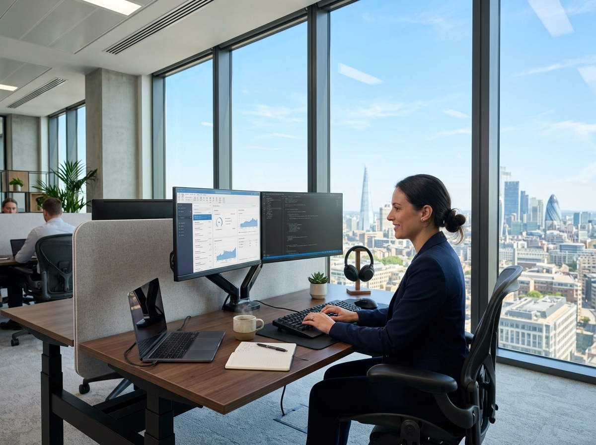 Office workstation with glare-free computer monitors and clear outdoor skyline views through solar control window film.