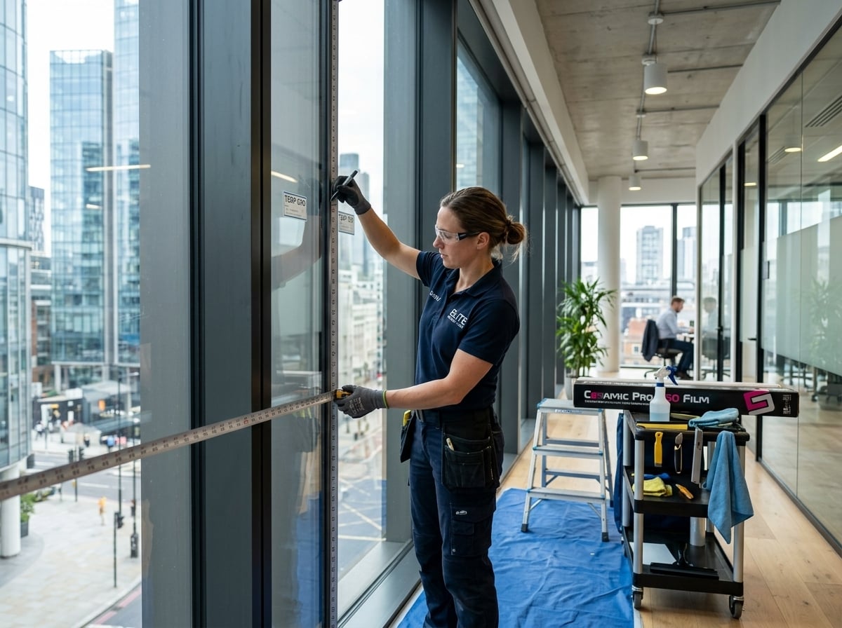 Professional window film installer applying ceramic solar control film to commercial building glass.