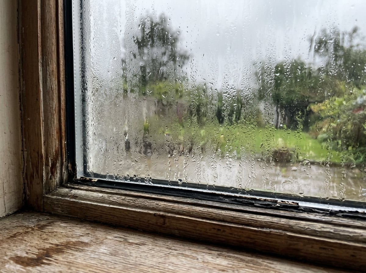 Condensation and fog trapped inside a double pane window with a failed structural seal.
