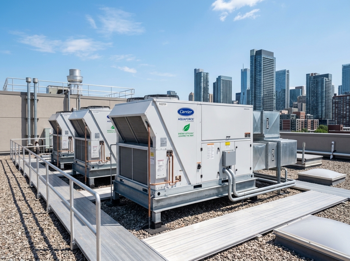 Commercial rooftop HVAC units representing energy efficiency improvements and reduced cooling demand.