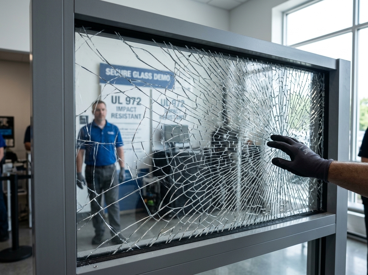 Cracked flat glass held securely together by high-tensile architectural window security film.