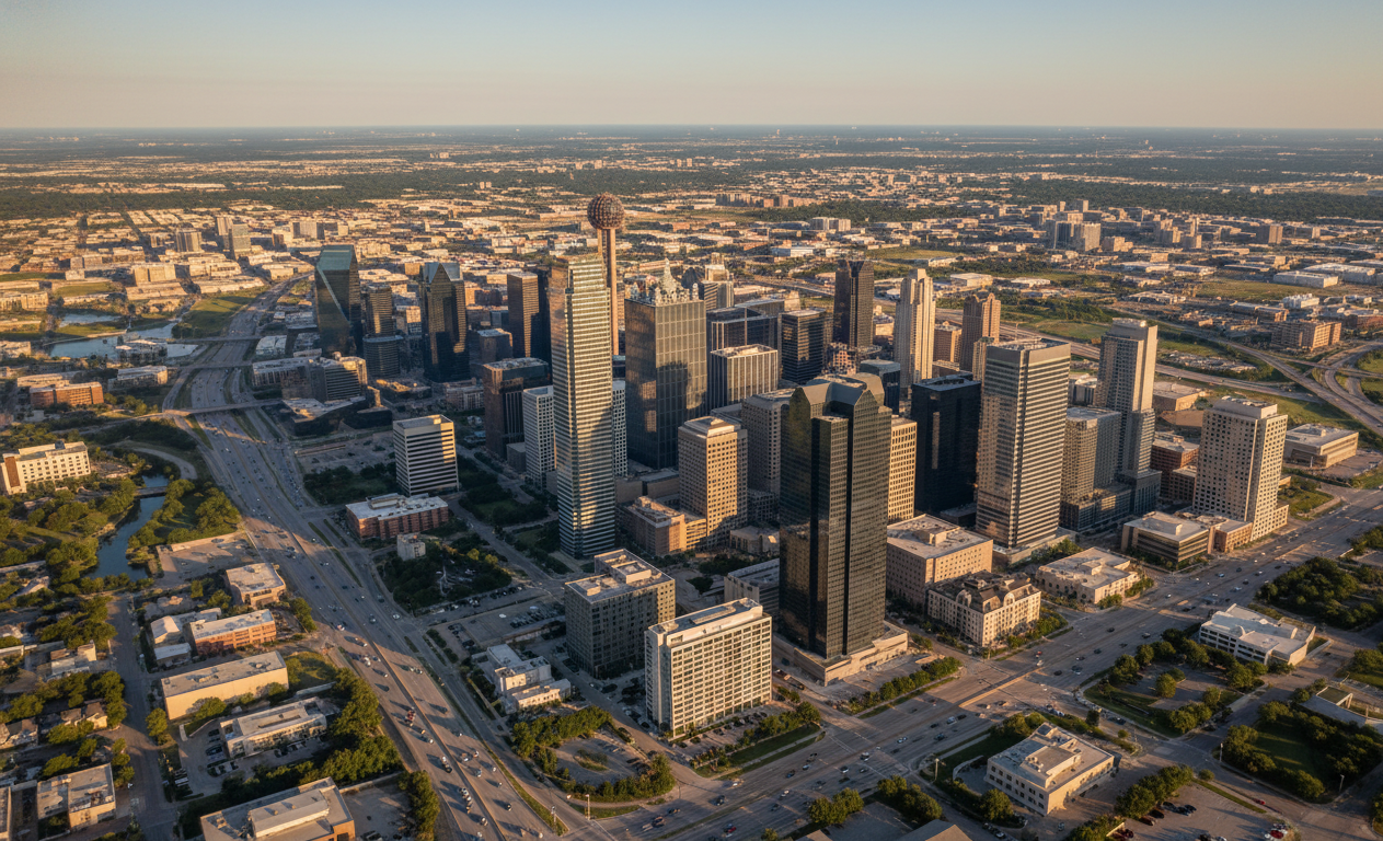 Dallas skyline with commercial buildings featuring tinted windows